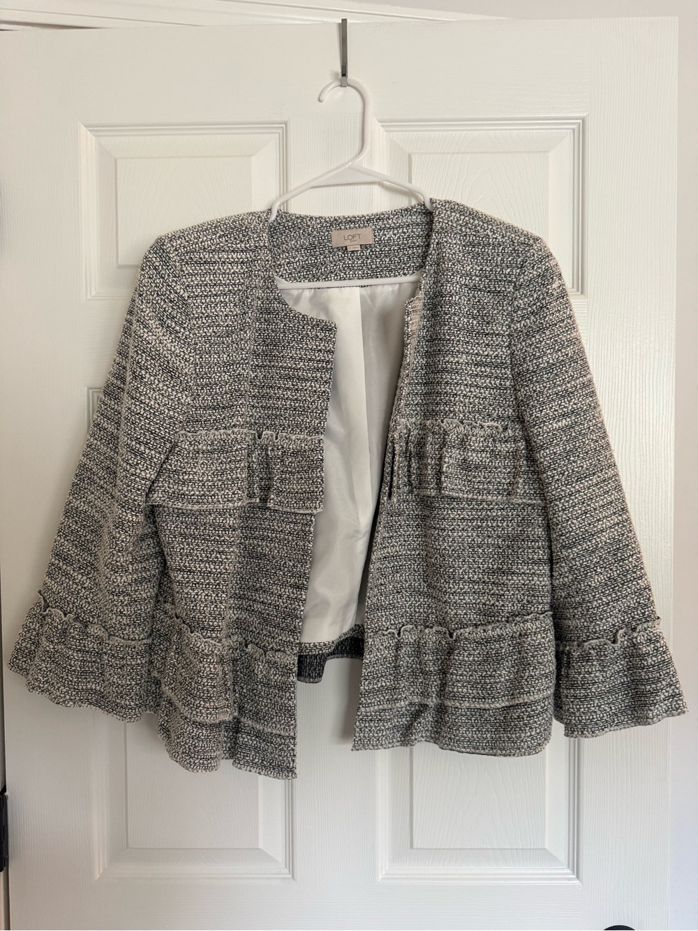 LOFT Gray Tweed Ruffle-Hem Open-Front Blazer